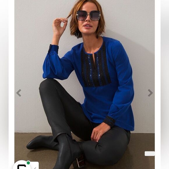 Chico's Embellished Colorblock Top in Seafaring Blue & Black Size Large (16) - Picture 11 of 13